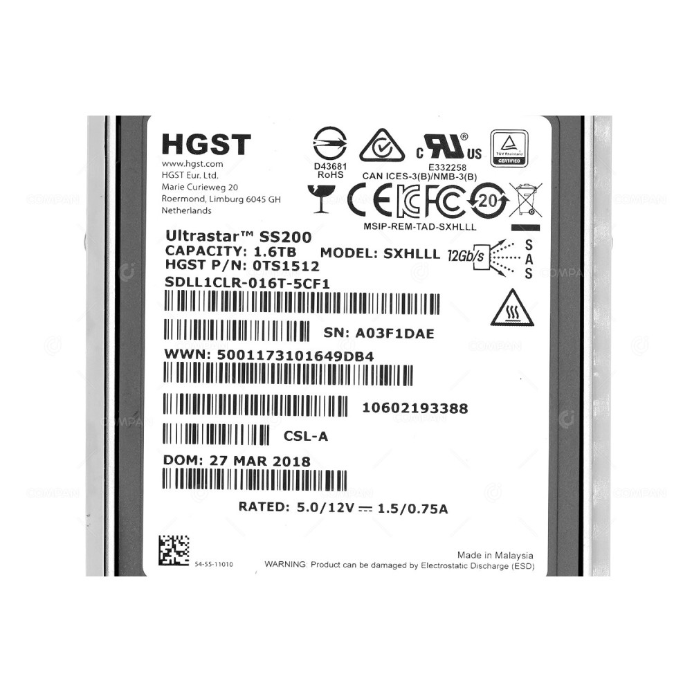 10602193388 FUJITSU 1.6TB 12G SAS 2.5 SFF SS200  SSD FOR ETERNUS JX40 S2 SXHLL, SDLL1CLR-016T-5CF1